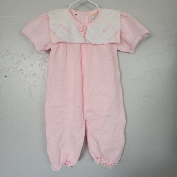 Friemanit Vintage Baby Girl 9 Months Light Pink Knit Outfit Square Collar Bear - Picture 1 of 8